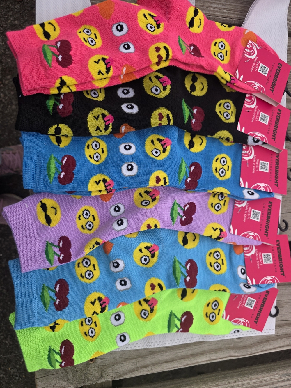Ladys  Emoji Cherry Crew Socks - Pink, Black, Blue, Purple, Green9